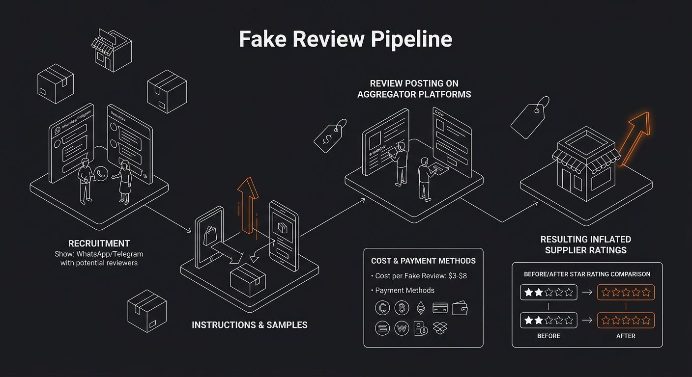 infographic showing the fake review pipeline from recruitment in WhatsApp/Telegram groups through review posting on aggregator platforms, including cost per fake review ($3-$8), payment methods, and t