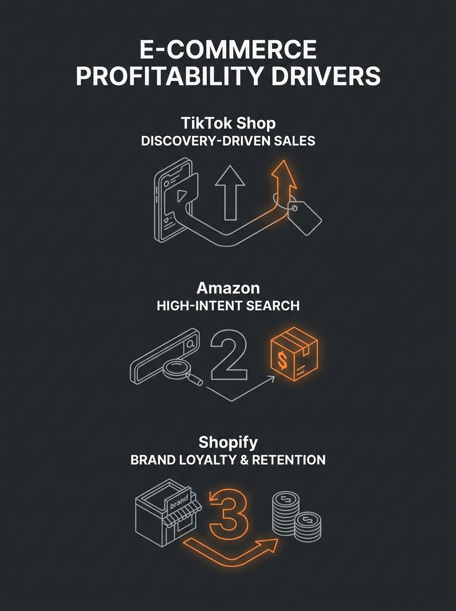 Three-column comparison table showing TikTok Shop's discovery model, Amazon's search intent, and Shopify's brand control with corresponding profitability drivers