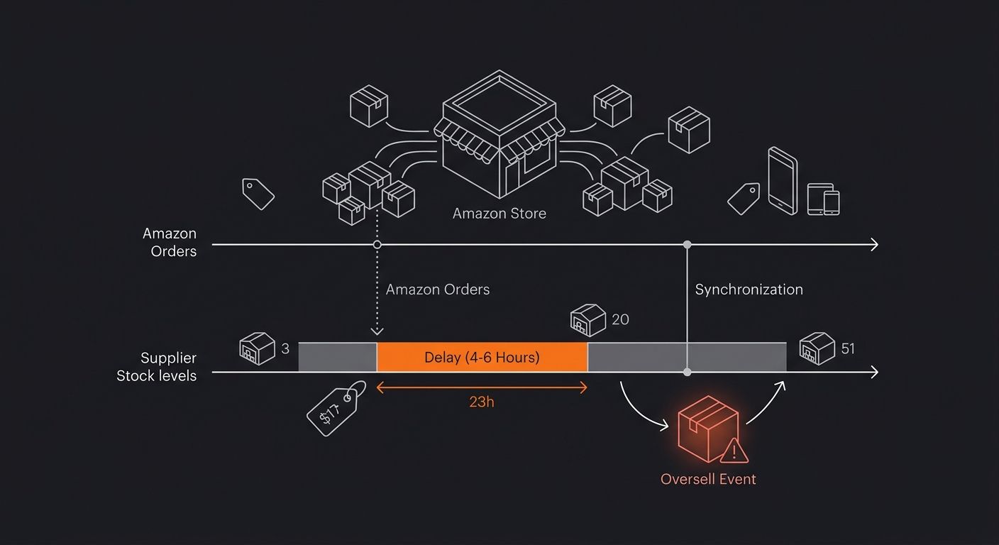 diagram showing the inventory sync timing problem with two parallel timelines for Amazon orders and supplier stock levels illustrating how batch update delays of 4-6 hours create oversell events when