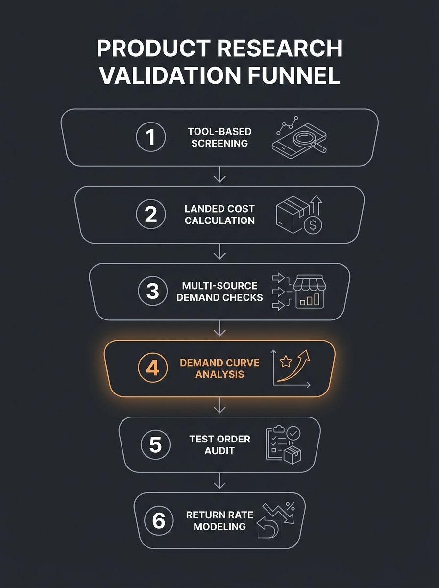 infographic showing a six-stage product research validation funnel, starting with tool-based screening at the top and progressing through landed cost calculation, multi-source demand checks, demand cu