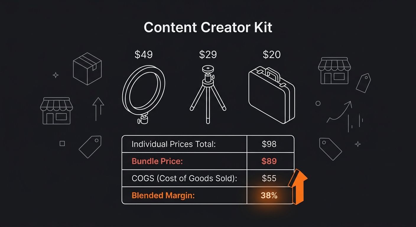A product bundle breakdown showing three items — LED ring light, tripod mount, and carrying case — with individual prices, bundle price, COGS, and blended margin percentage clearly labeled