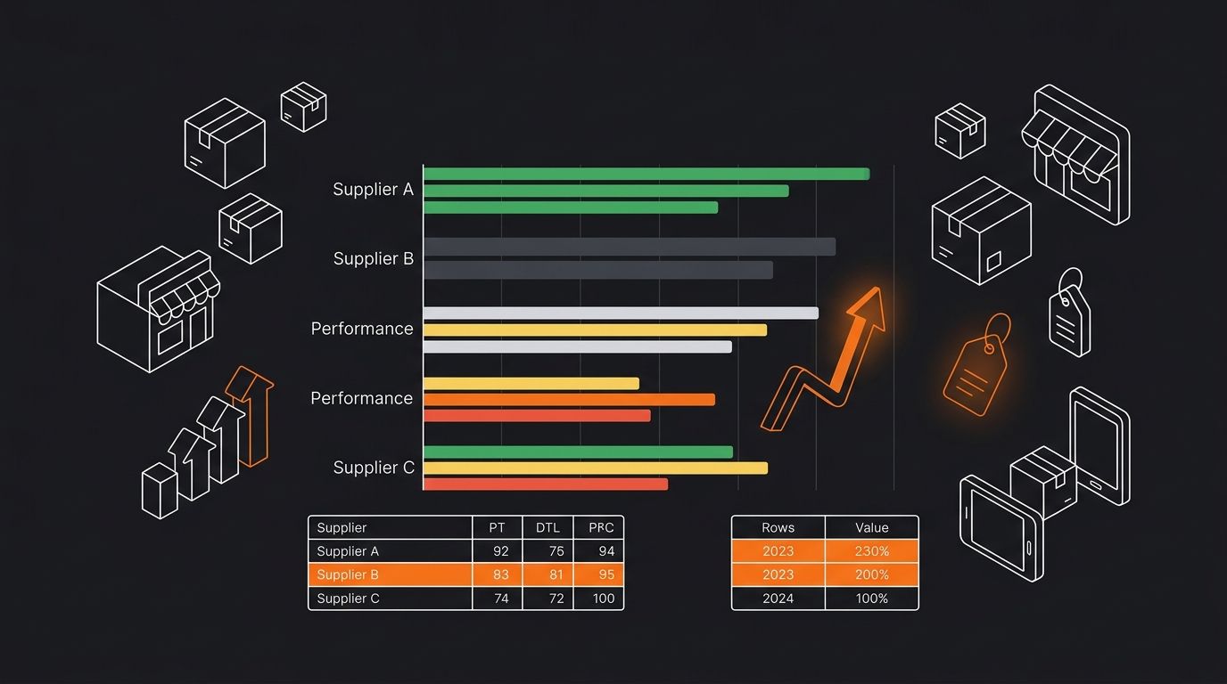 horizontal bar chart comparing three suppliers (Supplier A, B, and C) across five scorecard metrics with color-coded performance zones showing green for above-threshold, yellow for borderline, and red