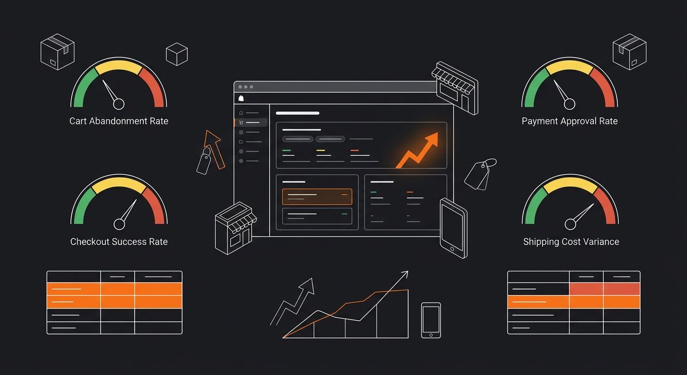 Dashboard-style visualization showing six benchmark metrics with green, yellow, and red indicator zones for each metric, styled like a Shopify analytics panel with cart abandonment rate, checkout succ