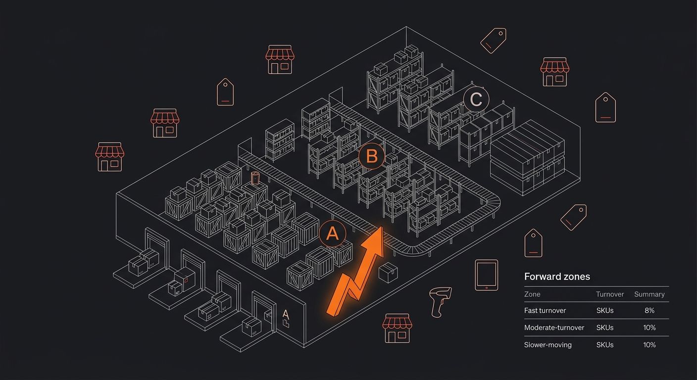 Warehouse storage layout diagram showing ABC inventory segmentation with high-turnover SKUs in accessible forward zones