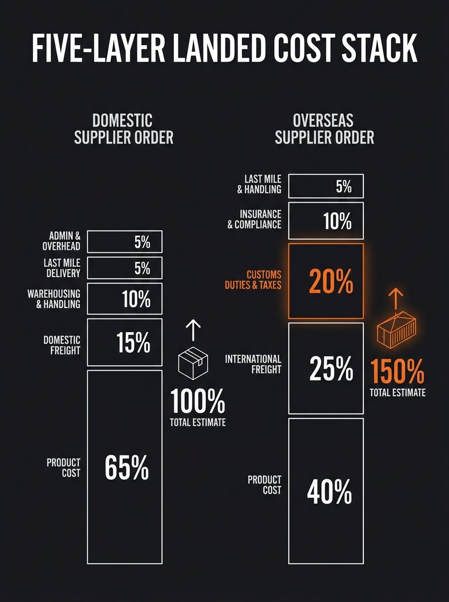 Infographic showing the Five-Layer Landed Cost Stack as a vertical bar chart, comparing the cost breakdown of a domestic supplier order versus an overseas supplier order, with each of the five layers 