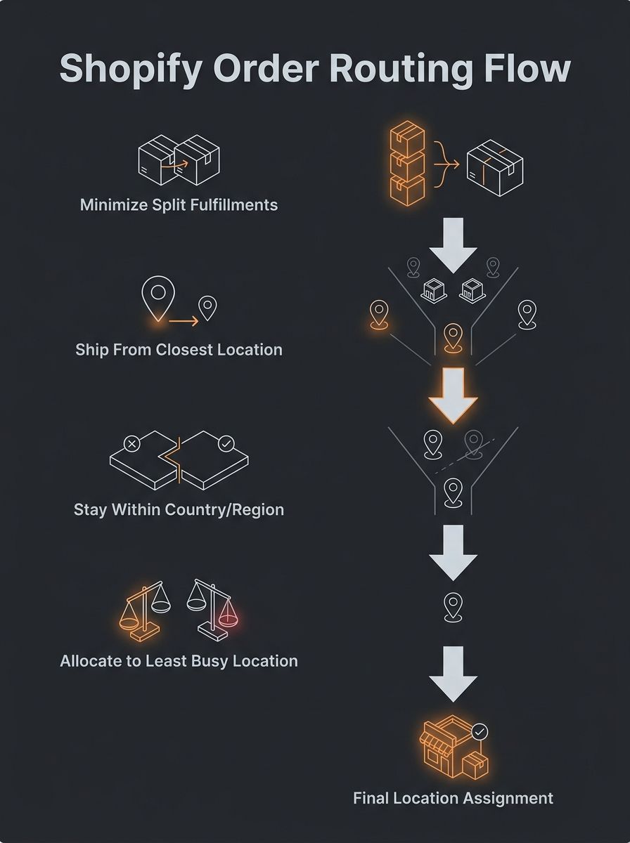 Infographic showing Shopify's four default order routing rules in a vertical flowchart, with arrows indicating top-to-bottom sequential processing and a visual demonstrating how each rule filters down