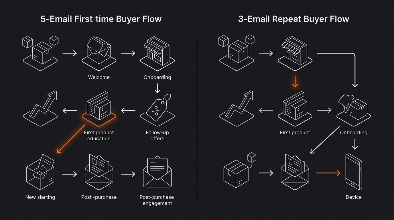 side-by-side comparison diagram showing a full 5-email first-time buyer flow on the left versus a condensed 3-email repeat buyer flow on the right, with arrows indicating which emails are skipped for