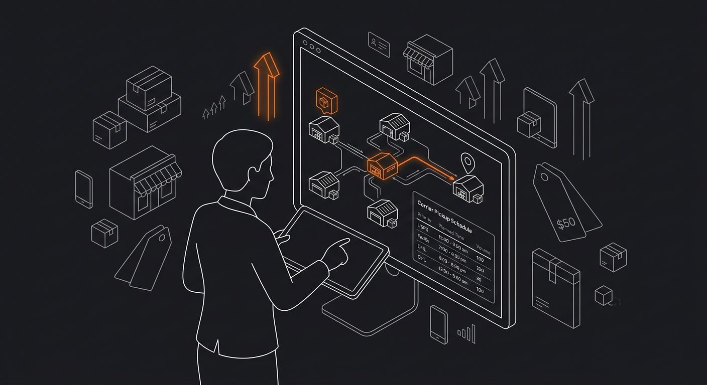 logistics coordinator reviewing Quick Ship order routing dashboard showing priority SKU locations and carrier pickup schedule