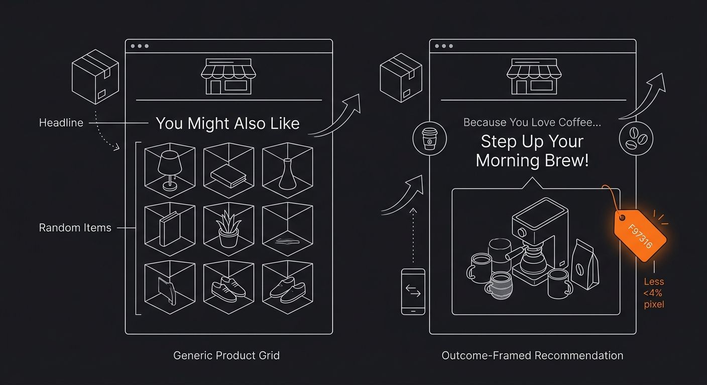 visual comparison of two cross-sell email layouts, one showing a generic product grid labeled "You Might Also Like" with random items, the other showing an outcome-framed recommendation with a specifi