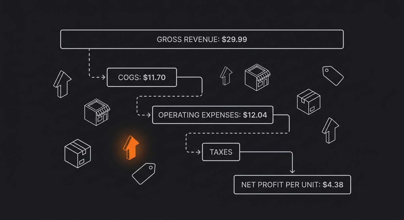Waterfall chart showing how a $29.99 product sale breaks down — starting with gross revenue at the top, then subtracting COGS of $11.70, operating expenses of $12.04, and taxes, ending at $4.38 net pr