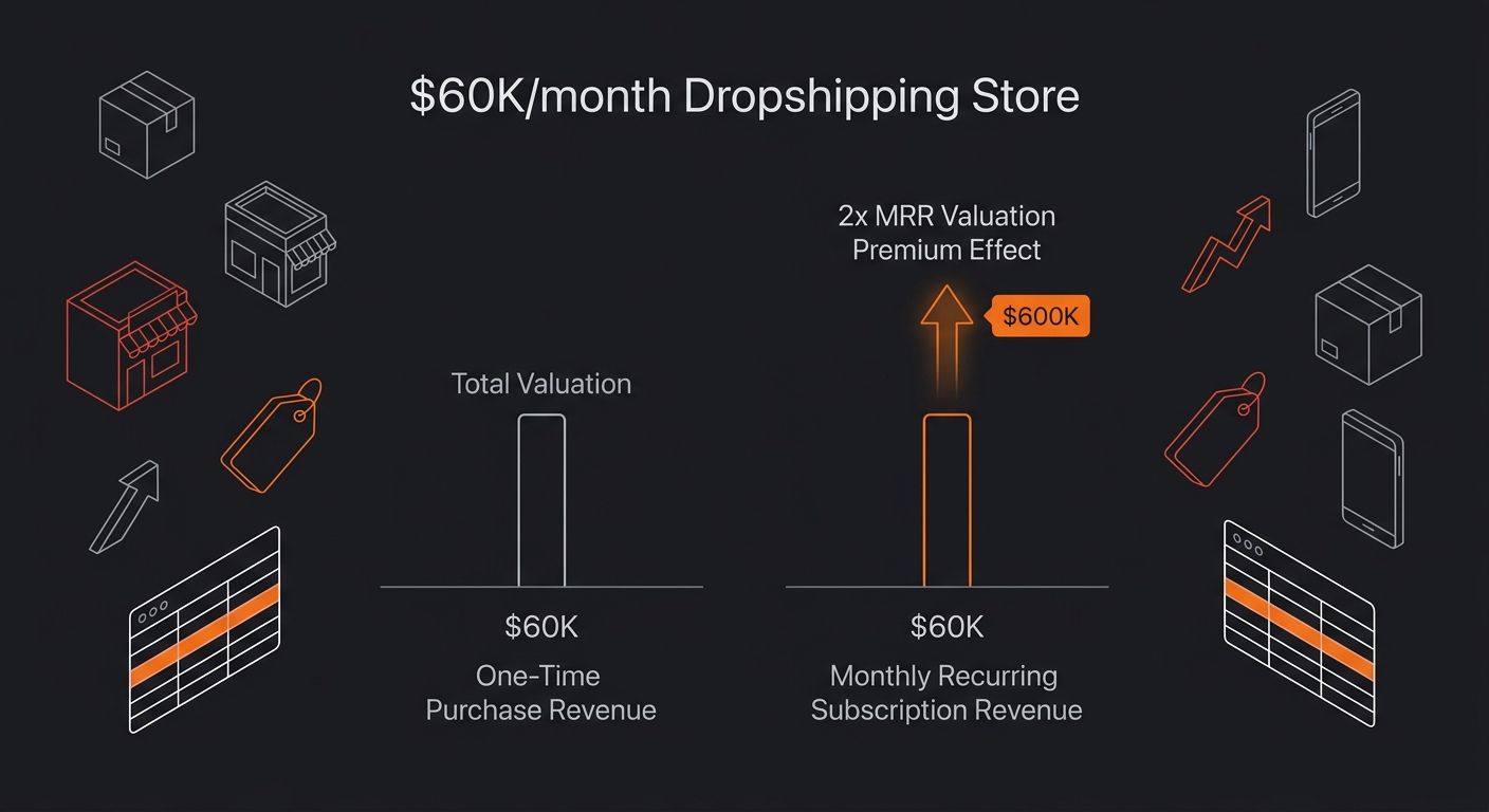 bar chart comparing valuation impact of one-time purchase revenue versus monthly recurring subscription revenue for a $60K/month dropshipping store, showing the 2x MRR premium effect on total business
