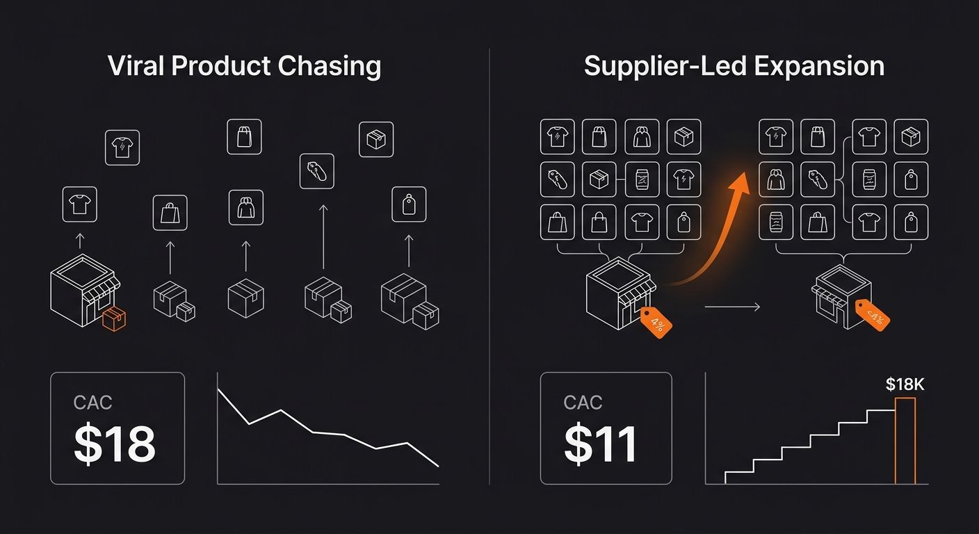 Infographic comparing two catalog strategies side by side — left panel labeled "Viral Product Chasing" showing 7 disconnected product icons from 5 different suppliers with high CAC of $18 and declinin