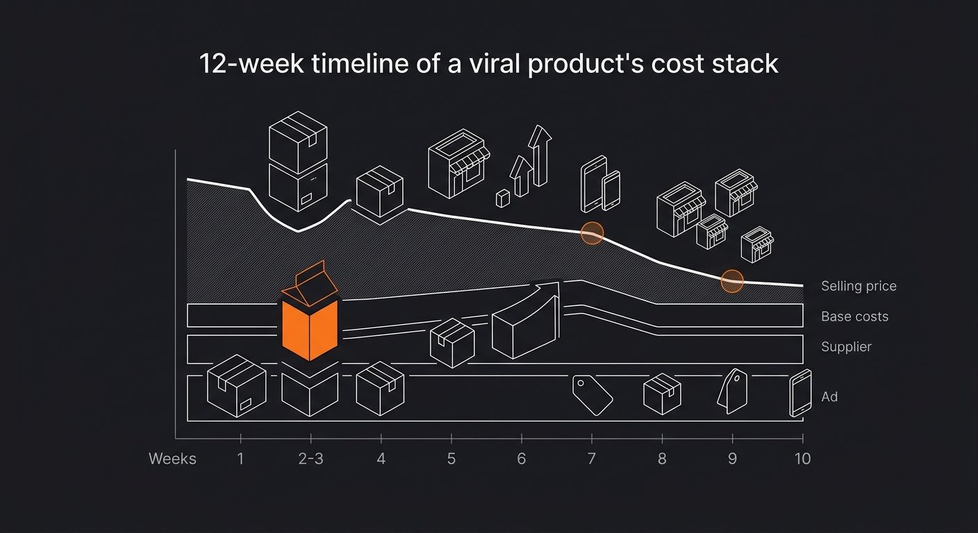 A diagram showing the timeline of a viral product's cost stack over 12 weeks — ad costs rising first at weeks 2-3, supplier costs rising at weeks 5-8, and selling price declining at weeks 6-10 due to 