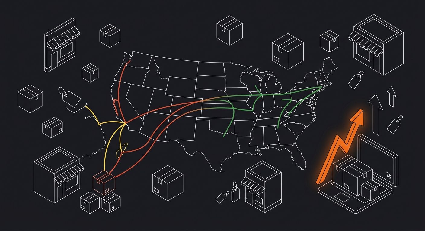 map illustration showing major US-bound freight routes from Asia with color-coded congestion indicators, red lines for heavily congested South China to US West Coast routes, yellow for moderately cong