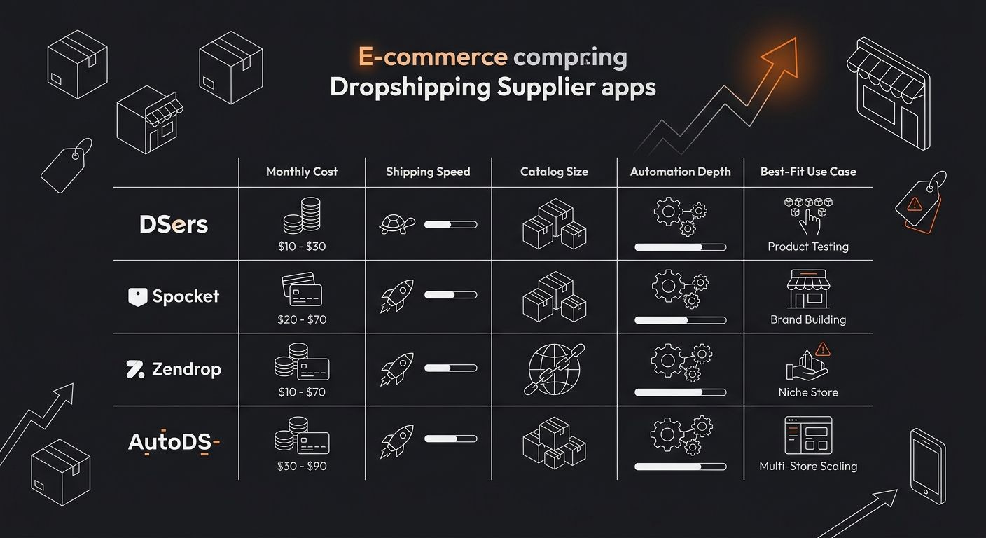 infographic comparing four dropshipping supplier apps (DSers, Spocket, Zendrop, AutoDS) across five metrics: monthly cost, shipping speed, catalog size, automation depth, and best-fit use case, with v