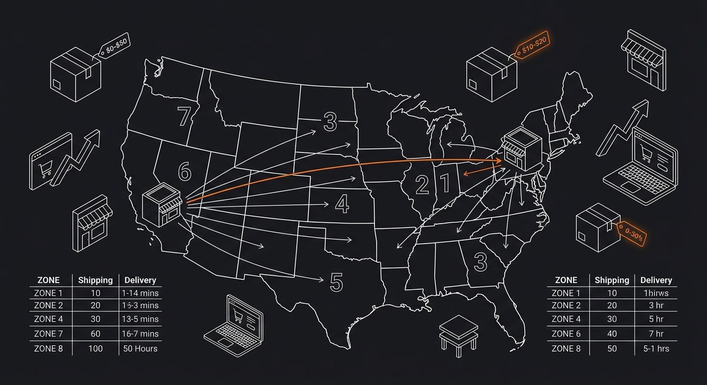 Map of the United States divided into shipping zones 1 through 8 with two supplier warehouse locations marked, showing how customer orders in different zones incur different shipping costs depending o