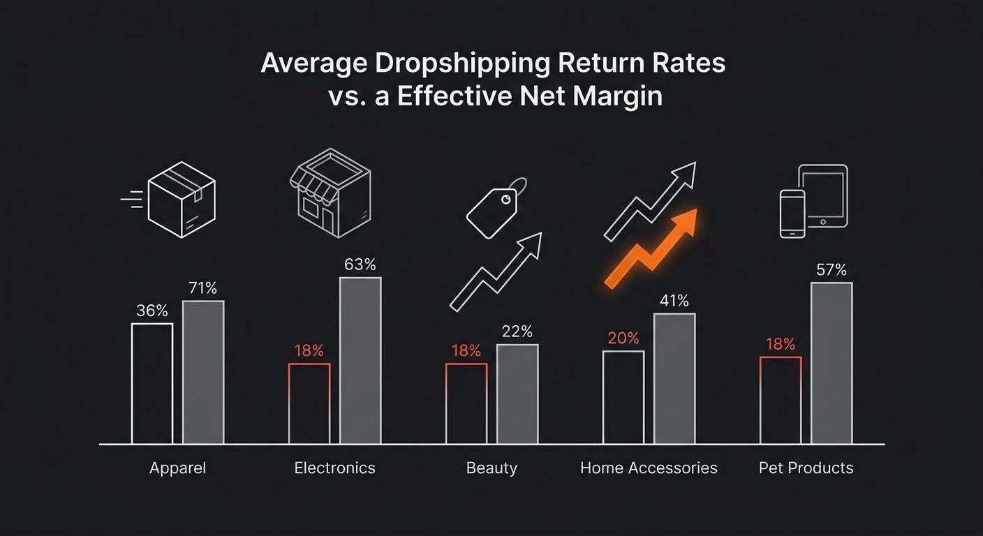bar chart comparing average return rates across five common dropshipping niches (apparel, electronics, beauty, home accessories, pet products) alongside their corresponding effective net margins after