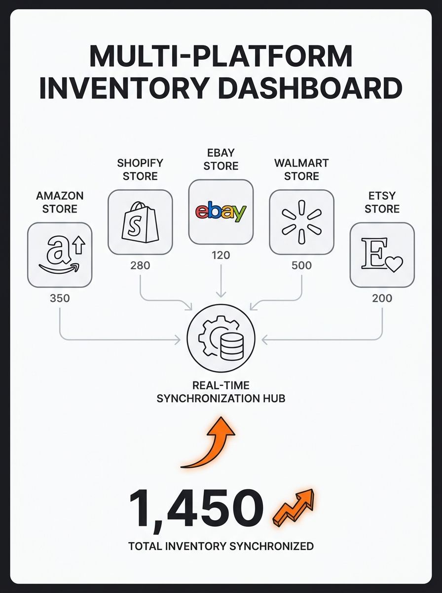 Multi-platform inventory dashboard showing real-time stock counts synchronized across Amazon, Shopify, eBay, Walmart, and Etsy storefronts
