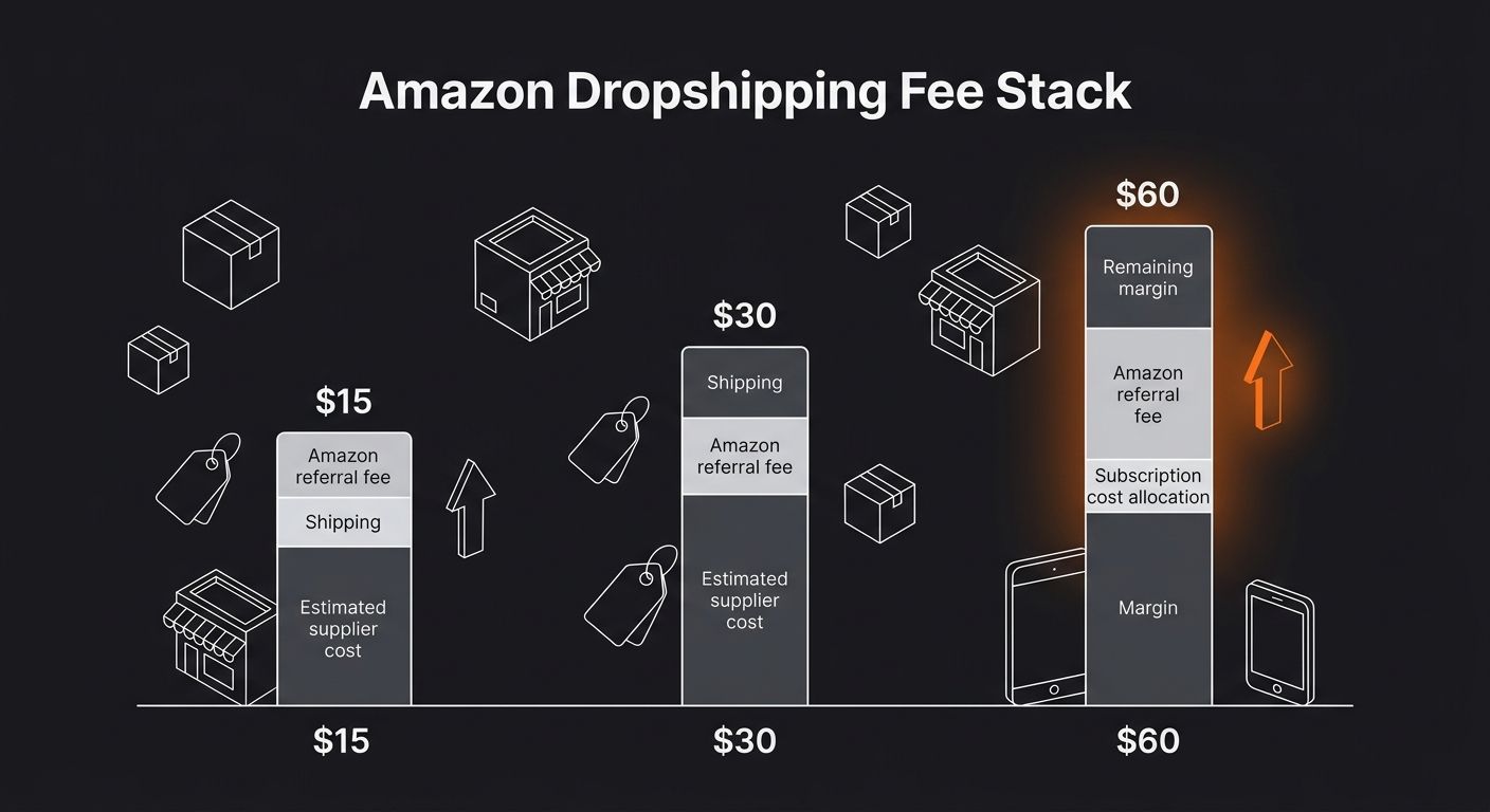 infographic comparing the Amazon dropshipping fee stack across three product price points of $15, $30, and $60 showing referral fees, subscription cost allocation, estimated supplier cost, shipping, a