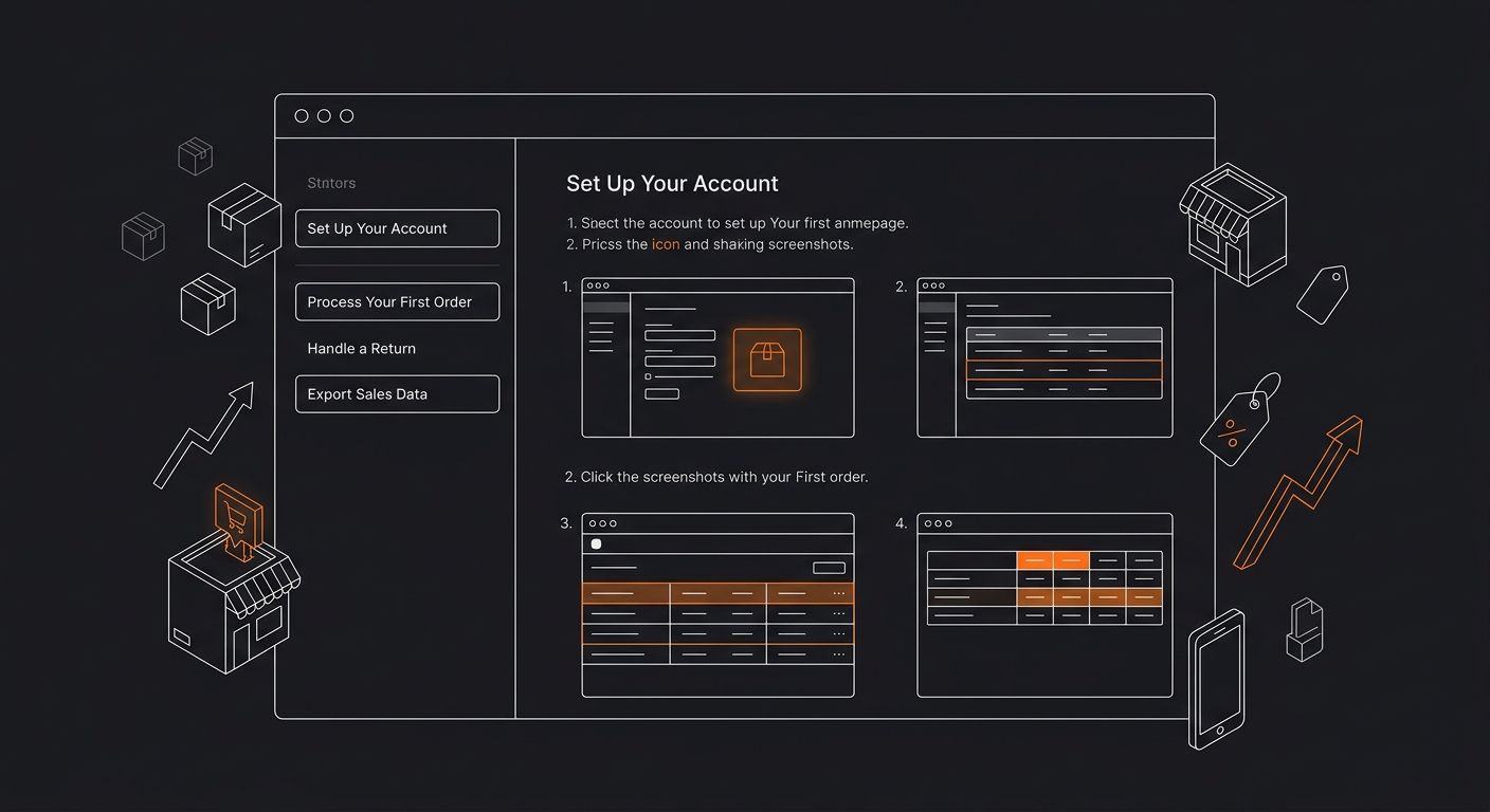 illustration of a documentation tool interface showing a sidebar navigation organized by user tasks like Set Up Your Account, Process Your First Order, Handle a Return, and Export Sales Data, with a m