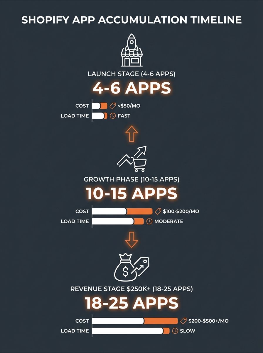 Infographic showing timeline of Shopify store app accumulation from launch (4-6 apps) through $250K revenue stage (18-25 apps), with monthly cost escalation from under $50 to $200-$500 at each phase,
