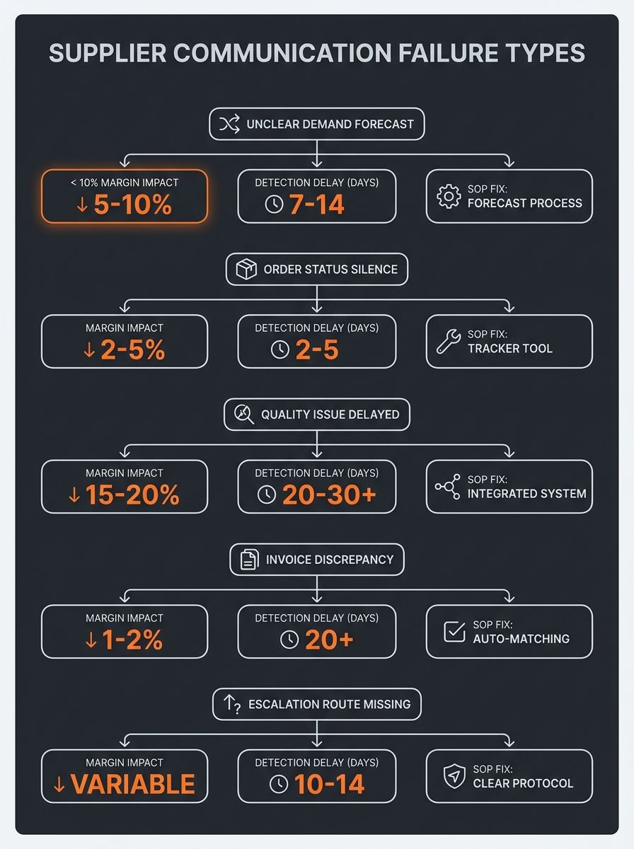 infographic showing five supplier communication failure types in a flowchart, with each failure branching to its margin impact percentage, detection delay in days, and corresponding SOP fix category