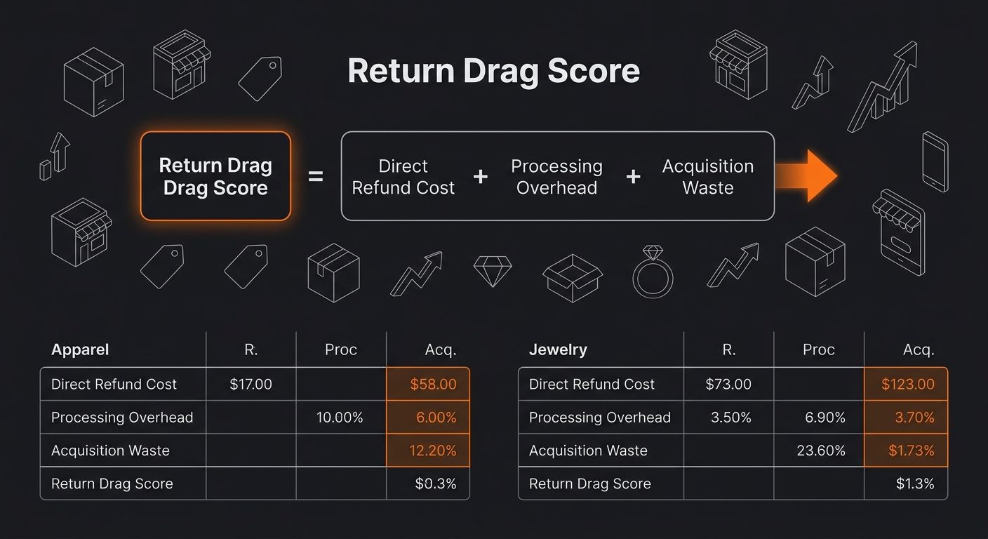 Formula diagram showing the Return Drag Score calculation with labeled components for direct refund cost, processing overhead, and acquisition waste, with example calculations for apparel versus jewel