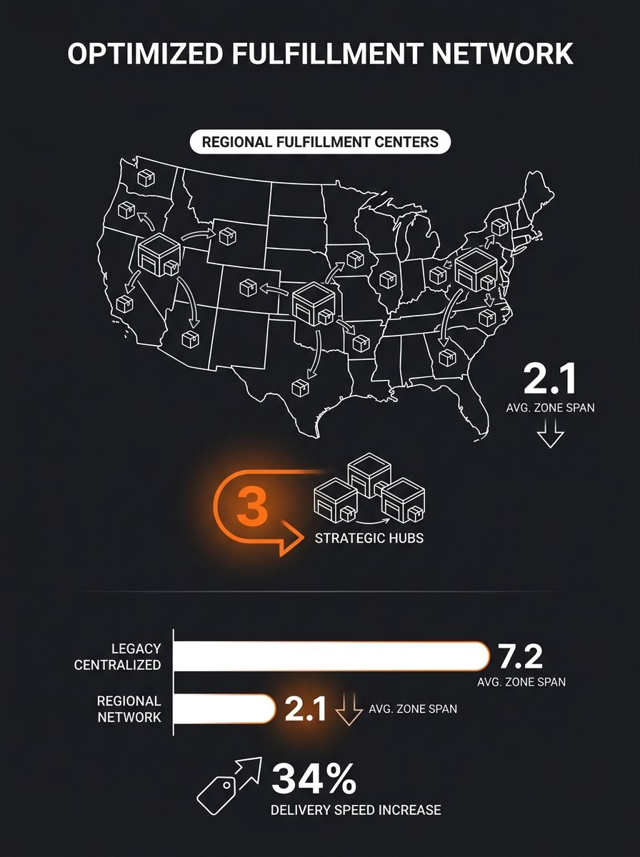 Warehouse distribution map showing regional fulfillment centers reducing carrier zone spans across continental United States