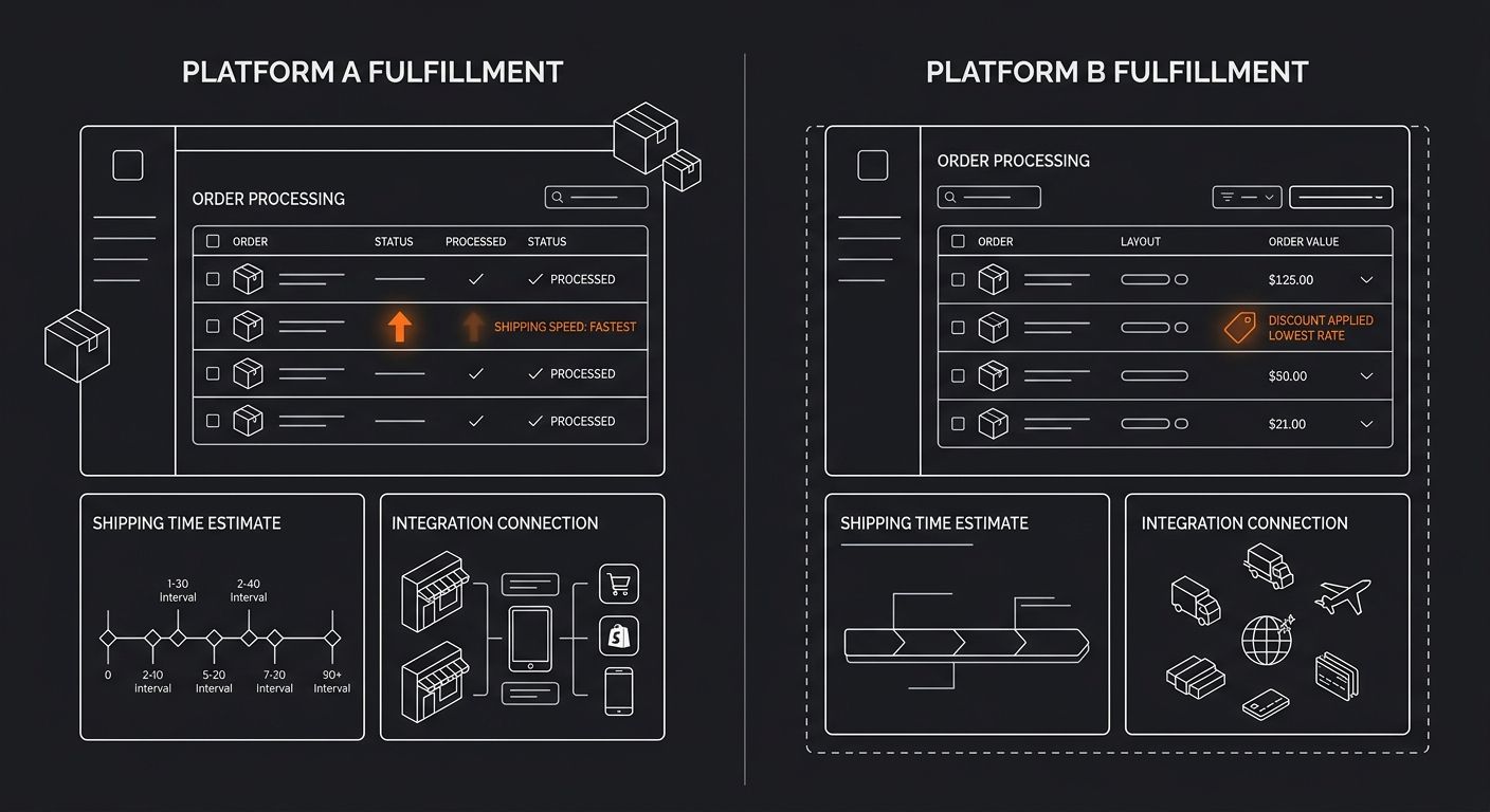 Side-by-side screenshot-style comparison of two fulfillment platform dashboards showing order processing interface, shipping time estimates, and integration connection panels