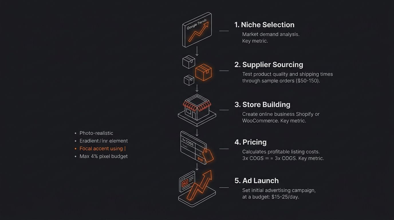A five-step vertical flowchart showing the dropshipping launch sequence from top to bottom: niche selection with Google Trends icon, supplier sourcing with sample orders ($50-150), store building on S
