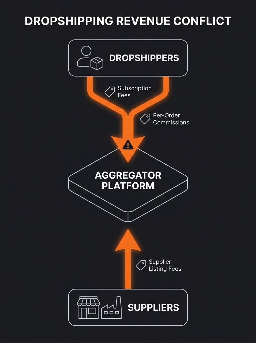 diagram showing the flow of money in a dropshipping aggregator model, with arrows from dropshipper subscription fees and per-order commissions flowing to the platform, and a separate arrow showing sup