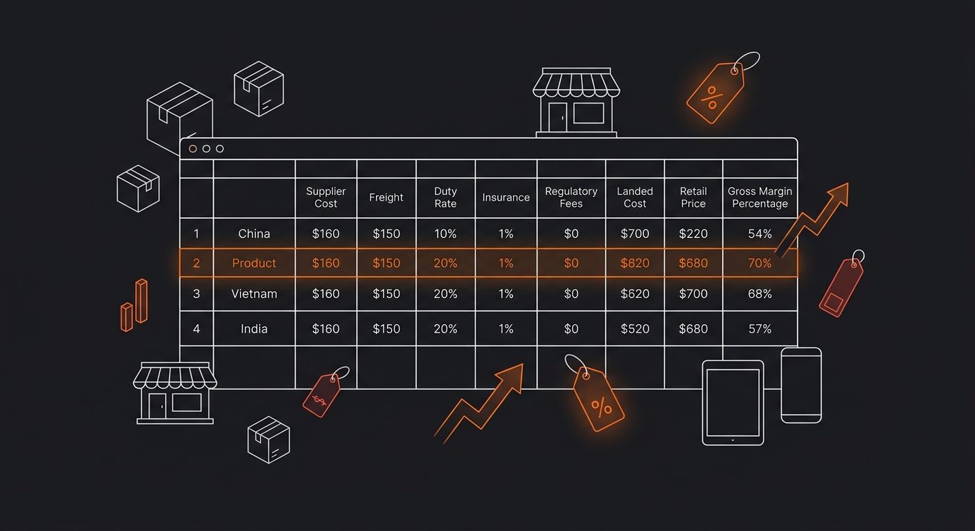 Screenshot-style illustration of a spreadsheet with columns for supplier cost, freight, duty rate, insurance, regulatory fees, landed cost, retail price, and gross margin percentage, with three rows s