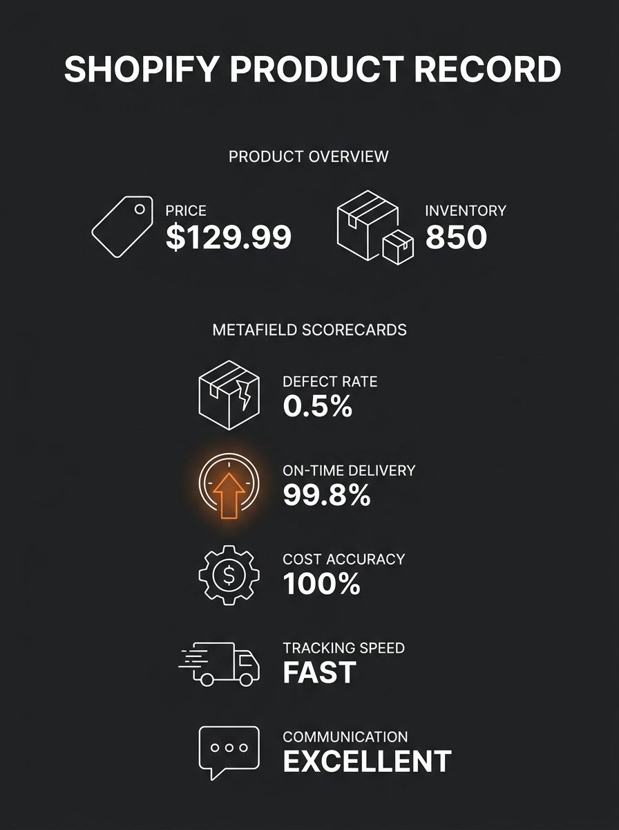 infographic showing a Shopify product record with five metafield scorecard fields (defect rate, on-time delivery percentage, cost accuracy, tracking speed, and communication score) displayed alongside