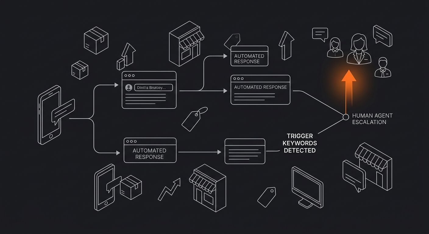 screenshot-style illustration of a chatbot conversation flow showing tier-one automated responses branching to a human escalation path when trigger keywords are detected