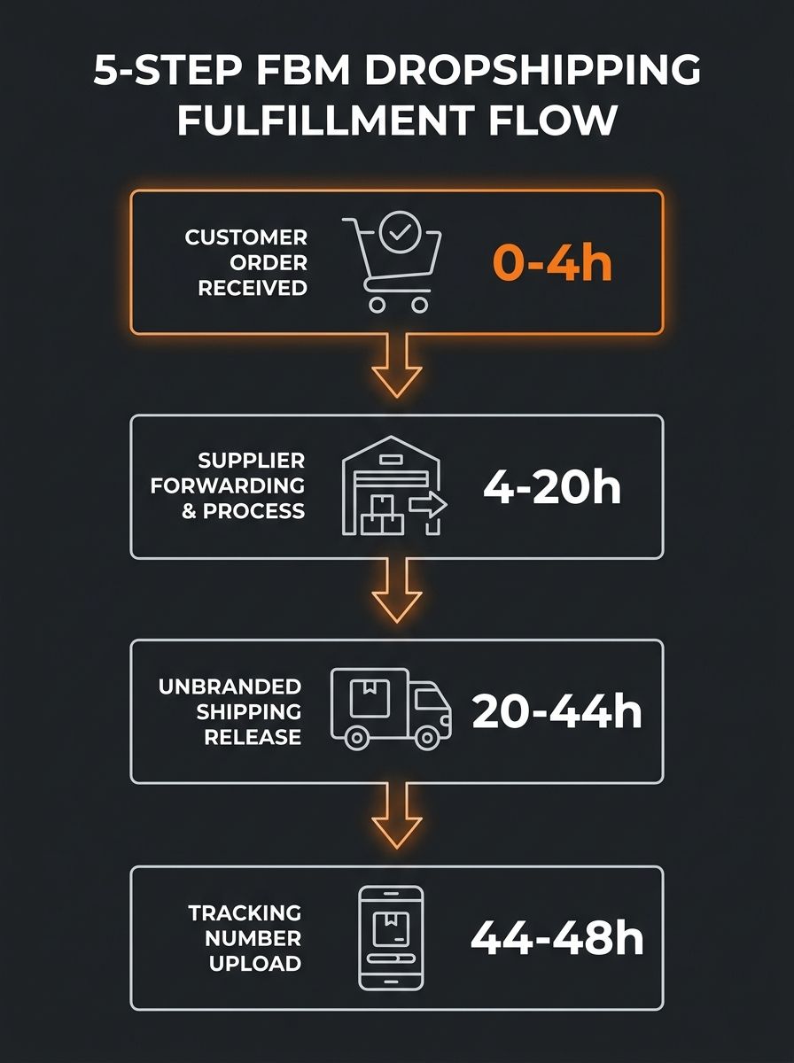 flowchart showing the 5-step FBM dropshipping fulfillment chain from customer order through Amazon notification, supplier forwarding, unbranded shipping, to tracking number upload with time constraint