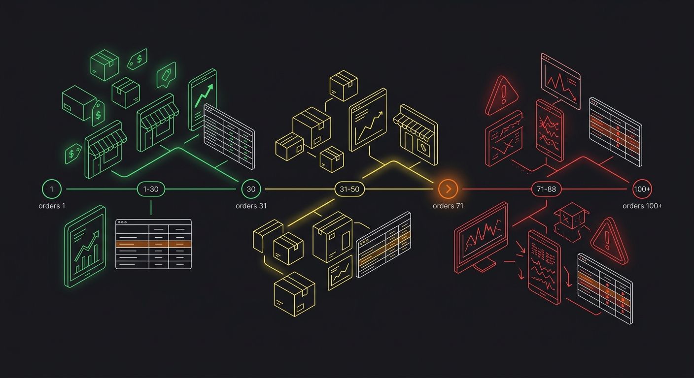 timeline graphic showing orders 1-30 in green with positive metrics, orders 31-70 in yellow with emerging issues like packaging changes and slower response times, and orders 71-100+ in red with defect
