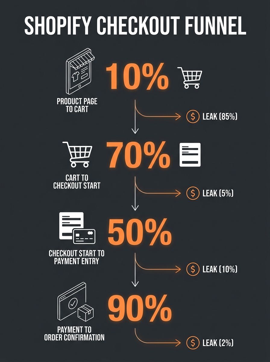 Infographic showing a Shopify checkout funnel with labeled drop-off points at each stage: product page to cart with add-to-cart rate percentage, cart to checkout start, checkout start to payment entry