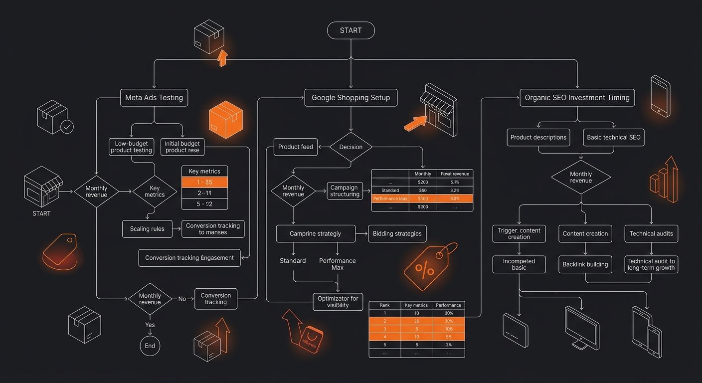 A flowchart showing the marketing budget allocation decision tree for a new dropshipping store, with branches for Meta Ads testing, Google Shopping setup, and organic SEO investment timing based on mo