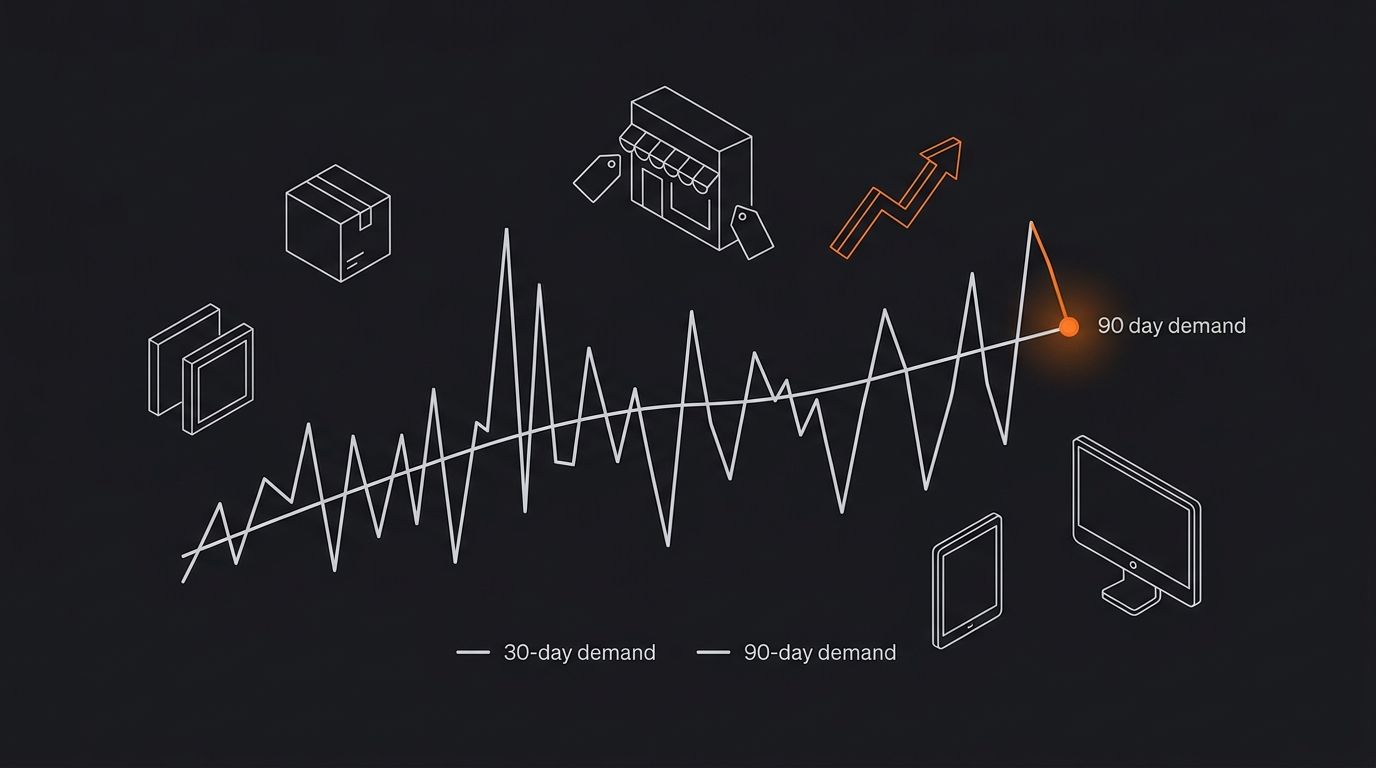 a line chart comparing 30-day vs 90-day demand forecasting windows, showing volatile and inaccurate predictions from the shorter window versus smooth reliable trend lines from the longer window
