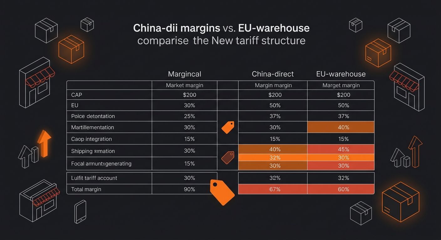 Spreadsheet showing margin comparison between China-direct and EU-warehouse fulfillment models under new tariff structure