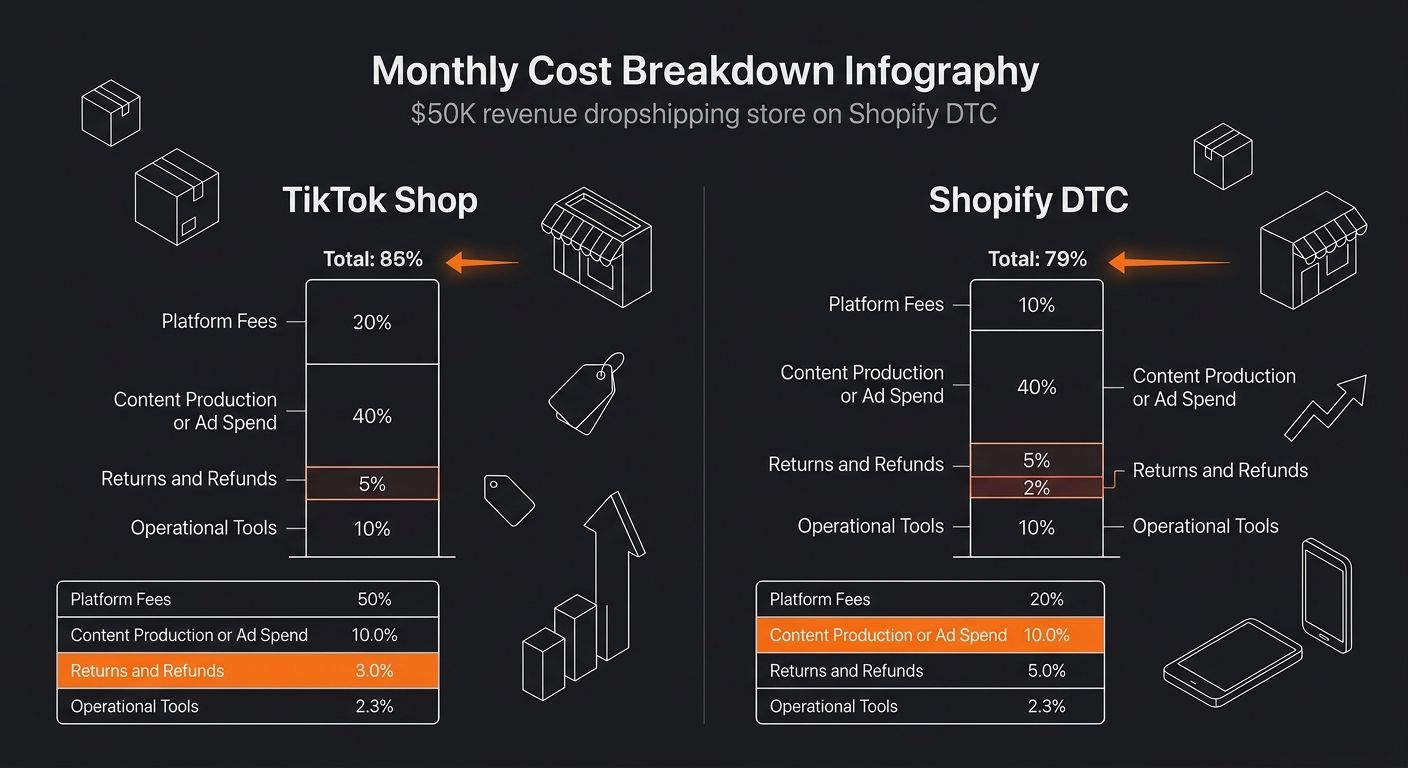 Side-by-side monthly cost breakdown chart for a hypothetical $50K per month revenue dropshipping store on TikTok Shop versus Shopify DTC, with stacked categories for platform fees, content production