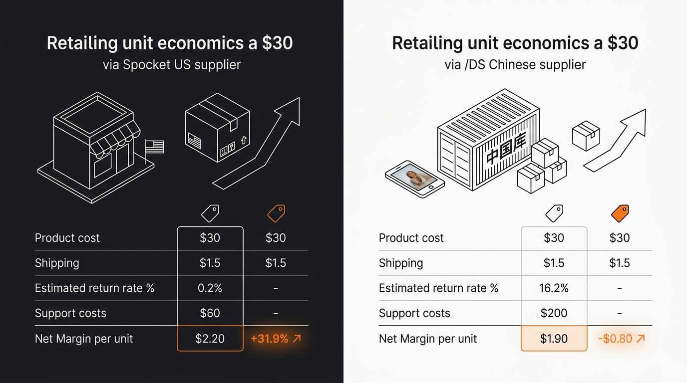 side-by-side comparison showing typical unit economics for the same $30 product sourced through Spocket's US supplier versus AutoDS's Chinese supplier, including product cost, shipping, estimated retu
