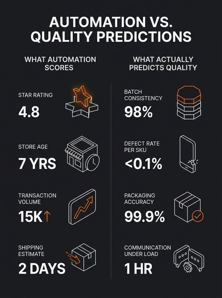 infographic showing two columns — left column labeled "What Automation Scores" listing star rating, store age, transaction volume, shipping estimate; right column labeled "What Actually Predicts Quali