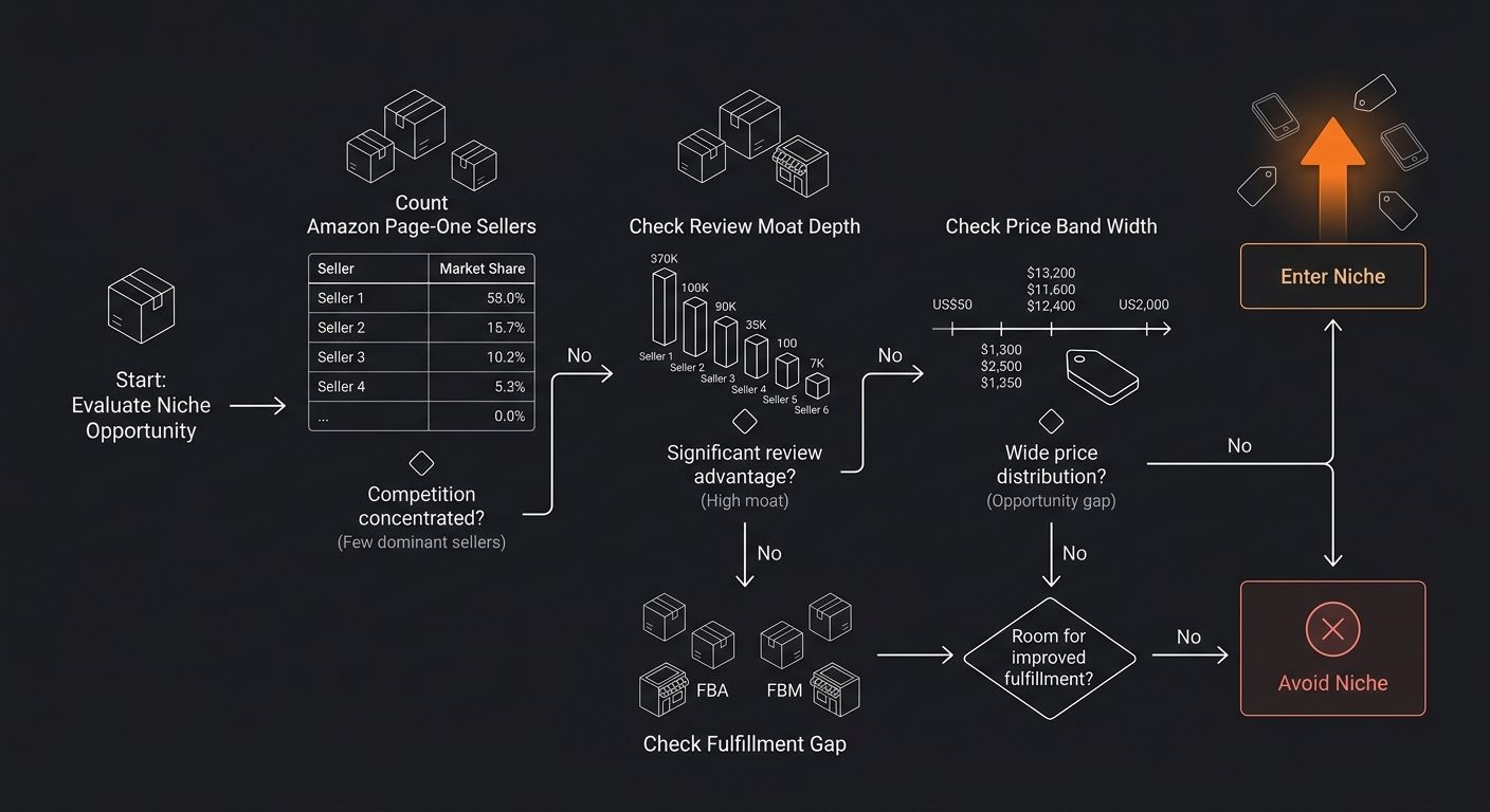 a decision tree flowchart showing the Concentration Ceiling Test process, starting with counting Amazon page-one sellers, then checking review moat depth, price band width, and fulfillment gap, with b