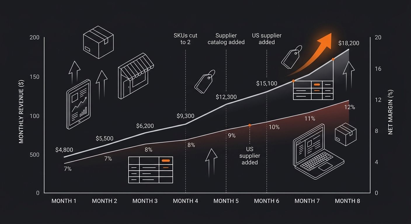 A dual-axis line chart showing two lines over 8 months — one tracking monthly revenue rising from $4,800 to $18,200, and another tracking net margin percentage rising from 7% to 12%, with vertical dot