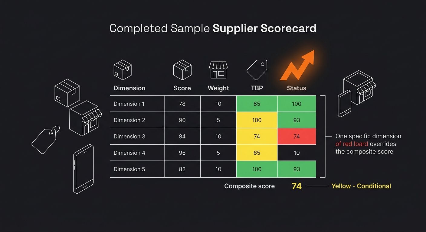 An infographic showing a completed sample supplier scorecard with five rows for each dimension, filled-in example scores, color-coded green/yellow/red cells, weighted calculations, and a final composi