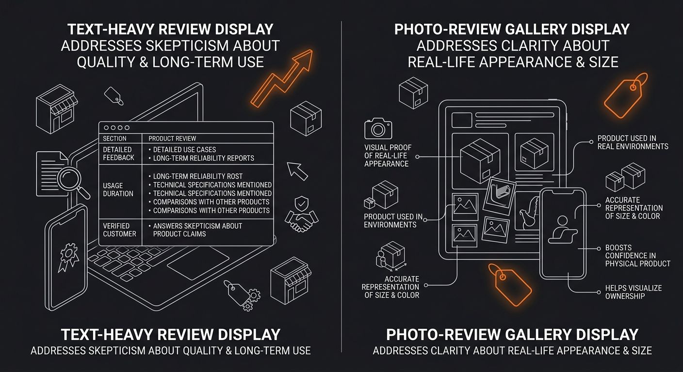 Side-by-side comparison of a product page using text-heavy review display versus a photo-review gallery display, showing how each format addresses different buyer objections