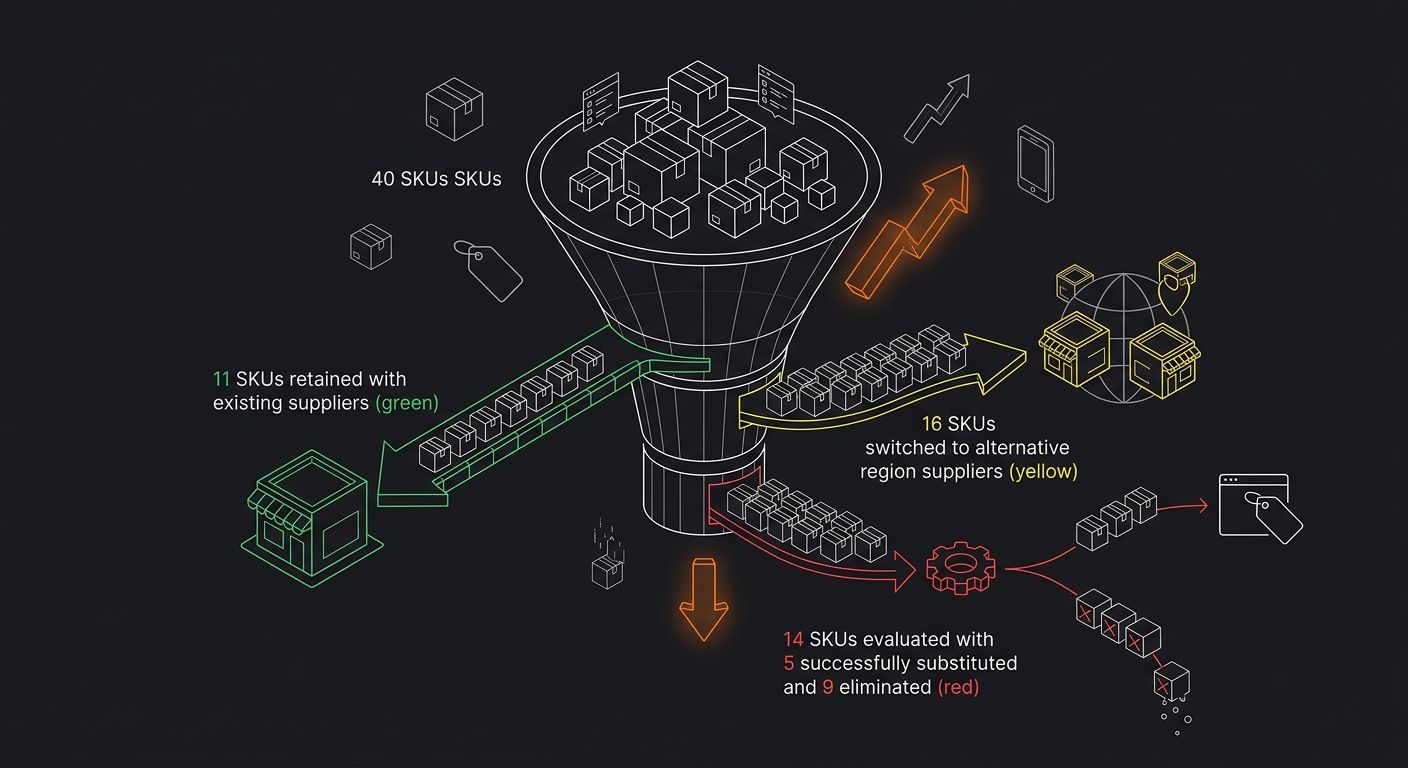 A visual diagram showing a funnel-style supplier substitution process — starting with 40 SKUs at the top, filtering into three tiers: 11 SKUs retained with existing suppliers (green), 16 SKUs switched