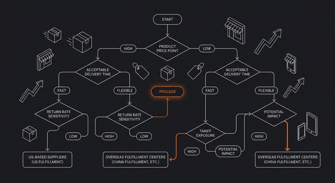 Decision flowchart showing when to choose US-based suppliers versus overseas fulfillment centers, with decision nodes for product price point, acceptable delivery time, return rate sensitivity, and ta