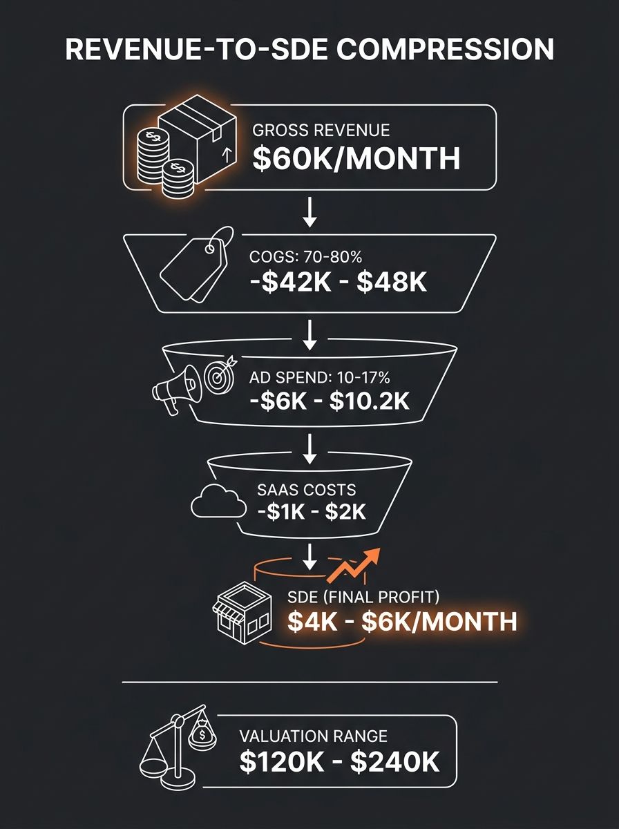 infographic showing the revenue-to-SDE compression funnel for a $60K/month dropshipping store, with labeled layers for COGS at 70-80%, ad spend at 10-17%, SaaS costs, and final SDE of $4K-$6K/month, w